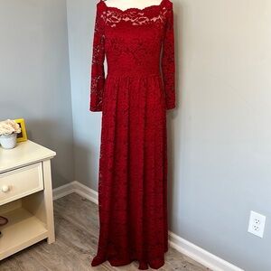 Elegant Red Lace Long Sleeve Full Length Maxi Formal Dress NWT